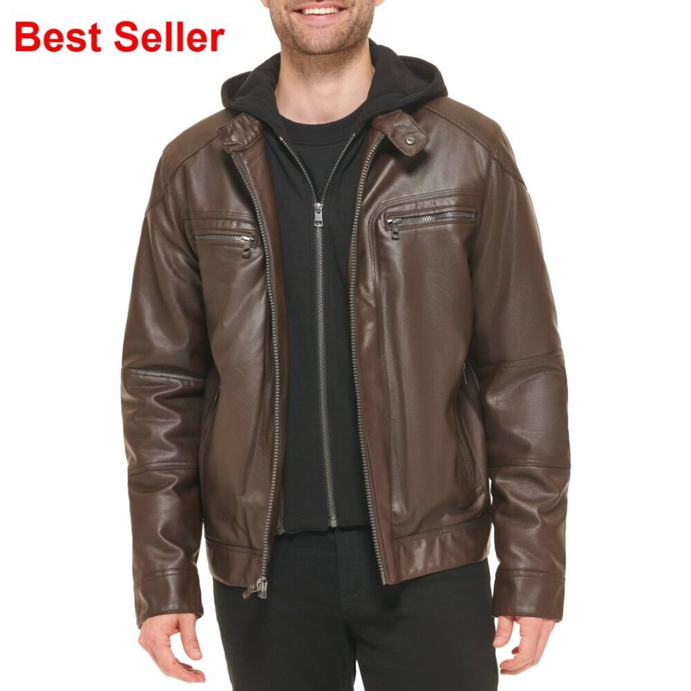 Men's Faux Leather Motorcycle Jacket with Removable Hood